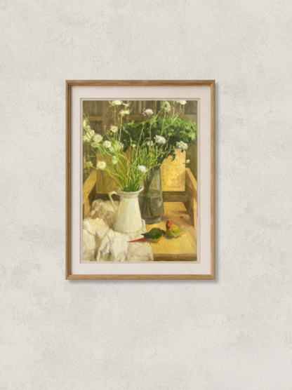 Original oil painting featuring white wildflowers in a glass vase, books, and a colorful parrot arranged on a wooden table. Painted by Hua Xi Yang with warm natural light and rich still life details.