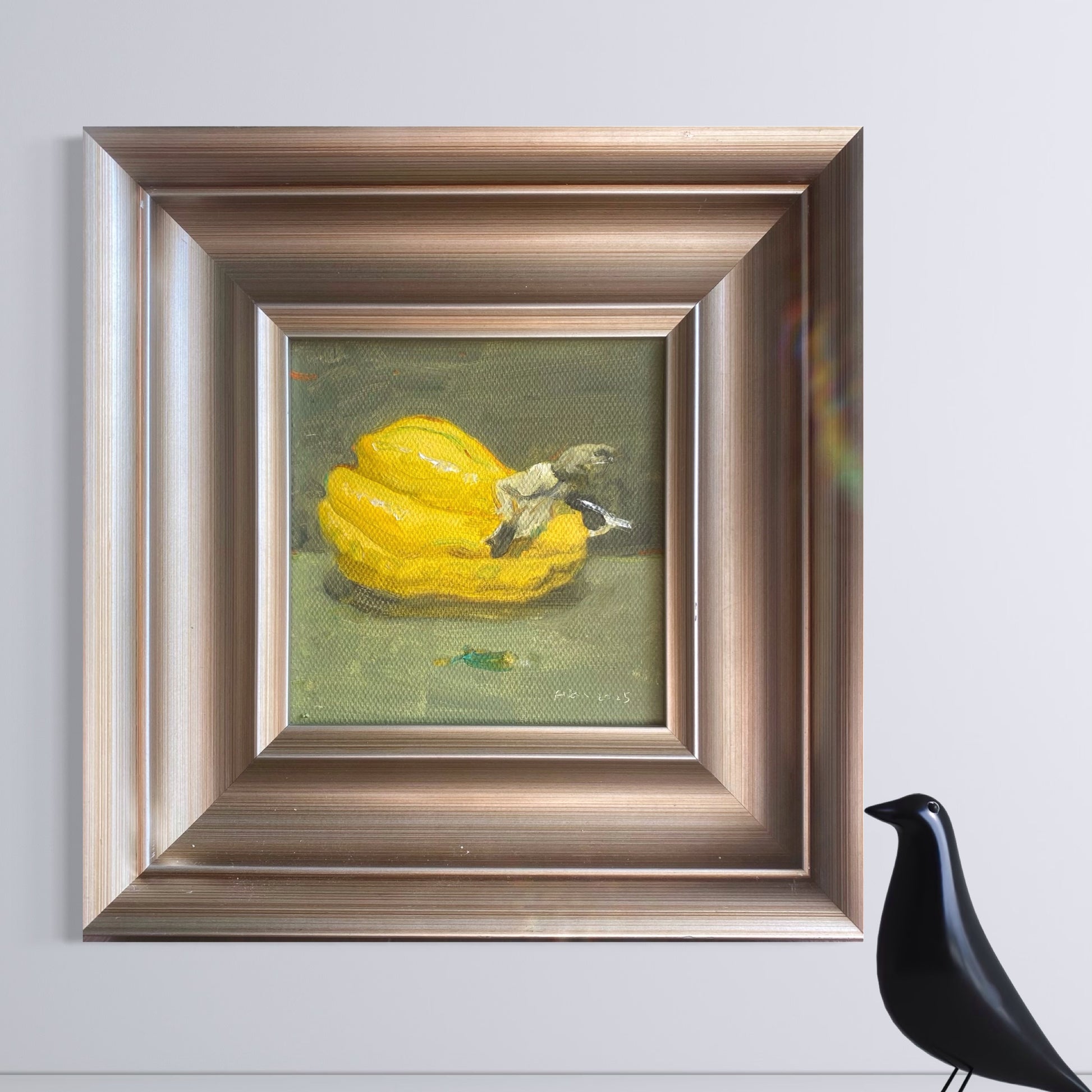 A small original vegetable oil painting presented in a sculptural dark wood gallery frame, emphasizing painterly texture, muted light, and timeless still life aesthetics.