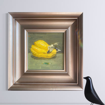 A small original vegetable oil painting presented in a sculptural dark wood gallery frame, emphasizing painterly texture, muted light, and timeless still life aesthetics.