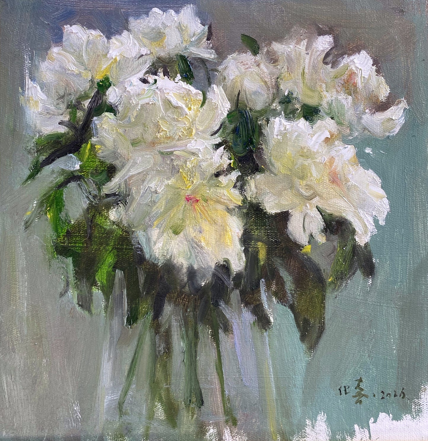 Original oil painting featuring blooming white peonies with expressive impasto brushwork and a soft blue-grey background palette.