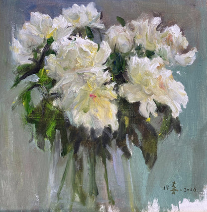 Original oil painting featuring blooming white peonies with expressive impasto brushwork and a soft blue-grey background palette.