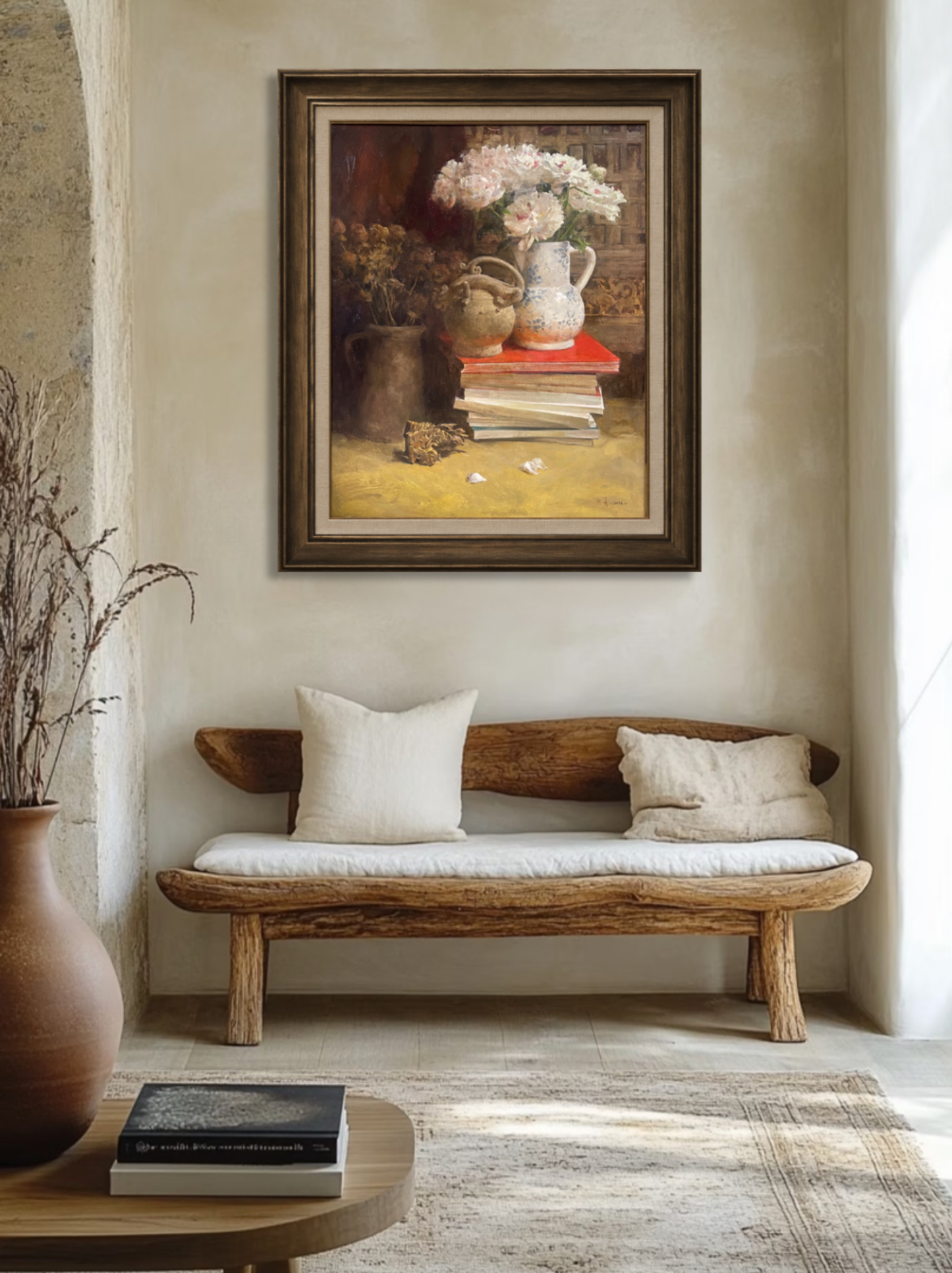 White Flowers, Books and Vintage Pot Original Oil Painting