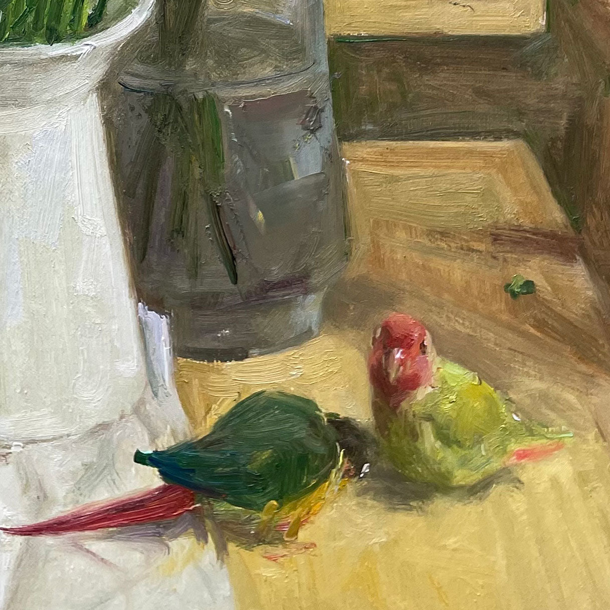 Close-up view of a colorful parrot beside flowers and books, adding character and narrative presence to the still life composition.