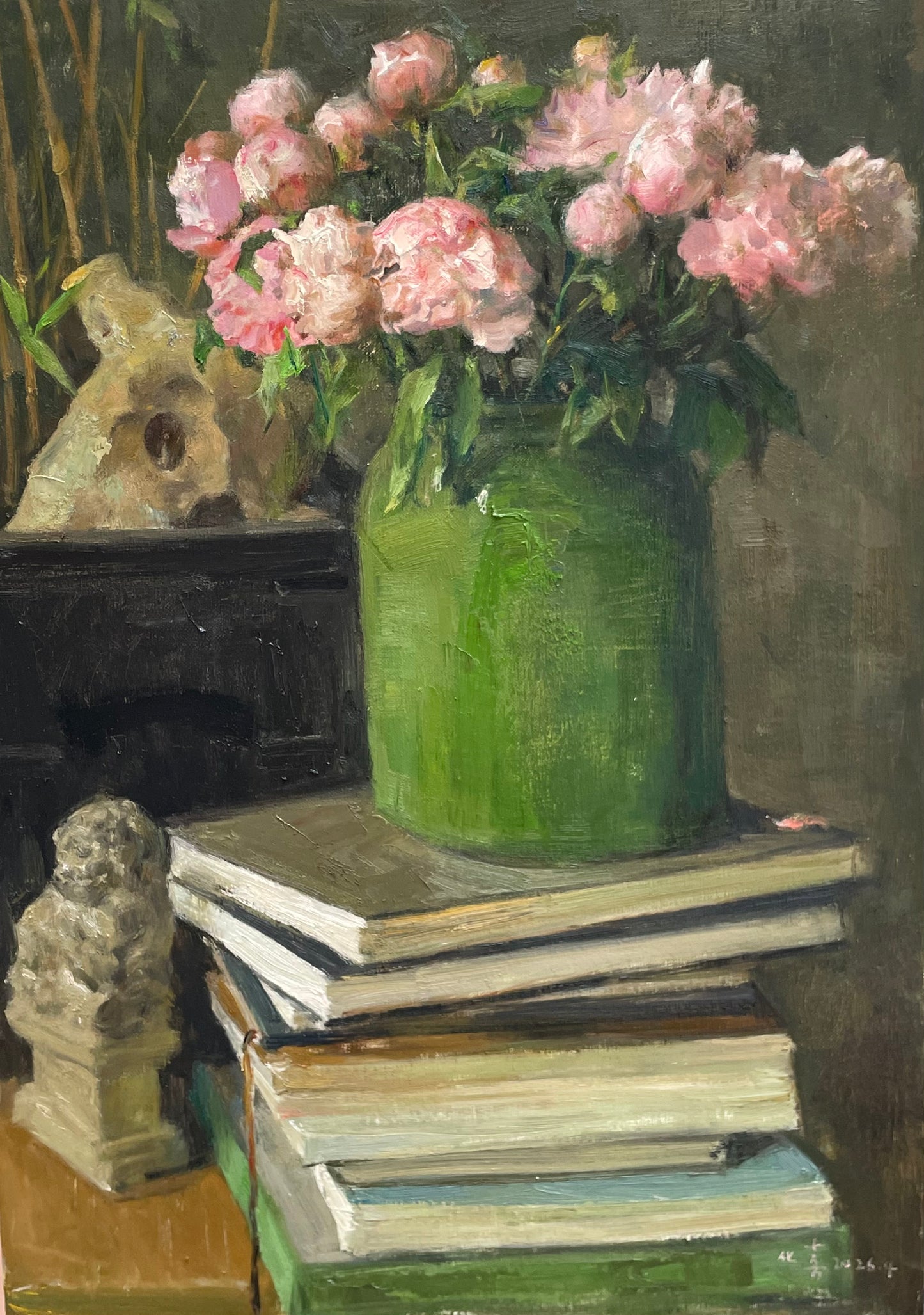 Original still life oil painting featuring pink peonies arranged in a green vase above a stack of books. The composition combines flowers, reading objects and quiet atmosphere in a classical oil painting style.
