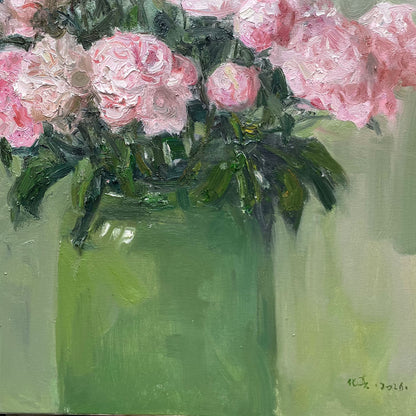 Detailed section of peony petals, emphasizing the painterly texture, subtle tonal shifts, and the delicate arrangement of the flowers.