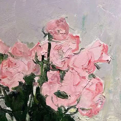Close-up of pink flowers in ceramic and glass vases, highlighting layered petals, gentle tonal transitions, and painterly texture.