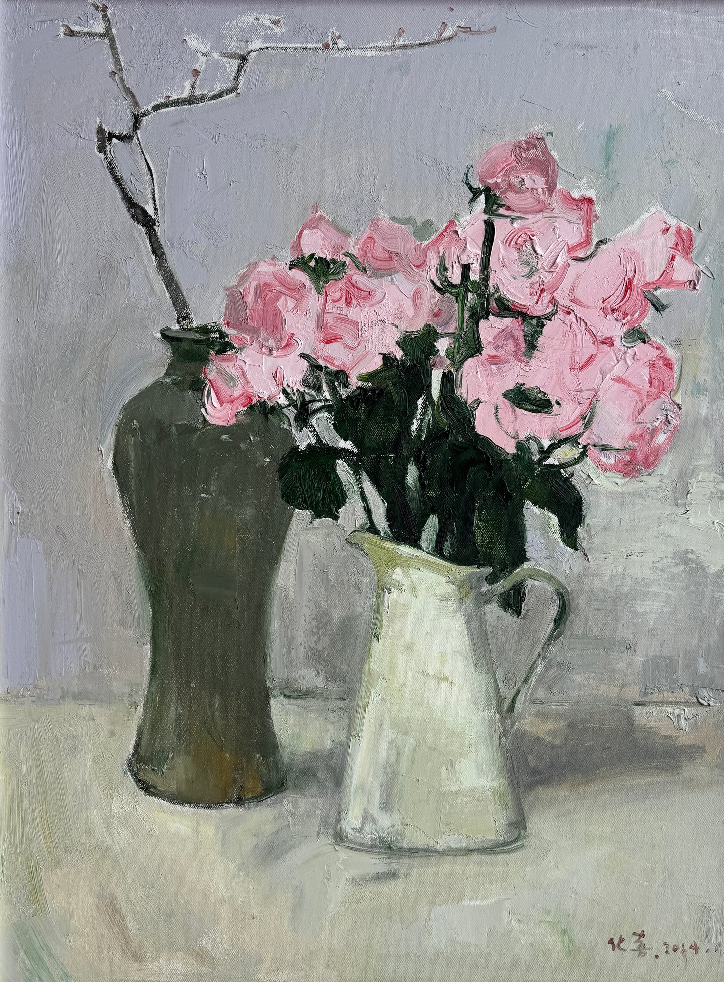 Close-up of pink flowers in ceramic and glass vases, highlighting layered petals, gentle tonal transitions, and painterly texture.