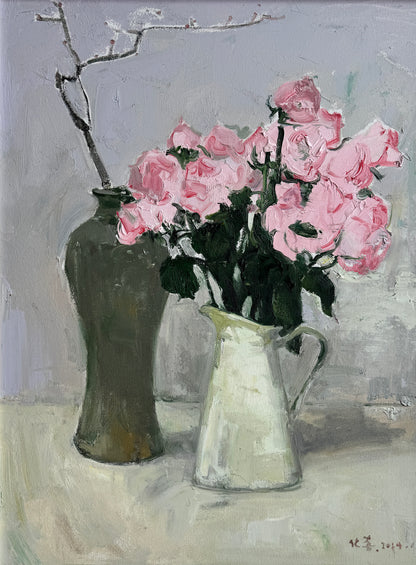 Close-up of pink flowers in ceramic and glass vases, highlighting layered petals, gentle tonal transitions, and painterly texture.