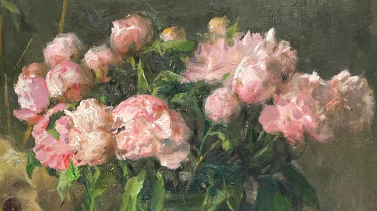Close-up of pink flowers arranged in a green vase, painted with layered brushstrokes and subtle tonal transitions, emphasizing texture and depth.