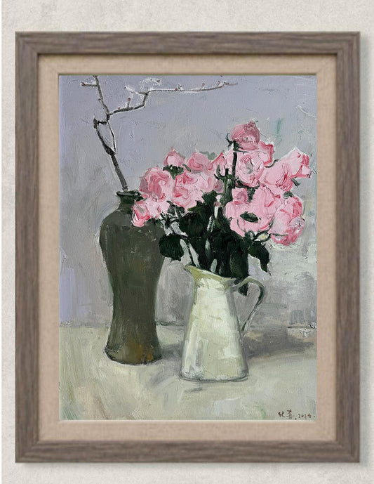 Original oil painting featuring pink flowers arranged in a ceramic pitcher and a dark vase, placed on a table against a soft gray background. Painted by Hua Xi Yang with subtle light and refined brushwork.