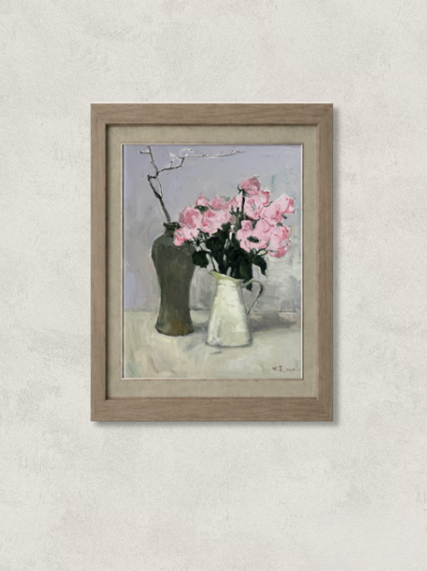 Original oil painting featuring pink flowers arranged in a ceramic pitcher and a dark vase, placed on a table against a soft gray background. Painted by Hua Xi Yang with subtle light and refined brushwork.