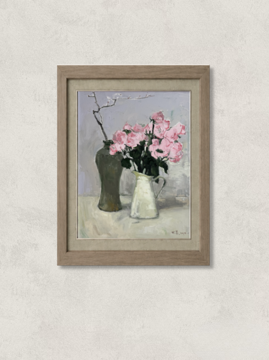 Original oil painting featuring pink flowers arranged in a ceramic pitcher and a dark vase, placed on a table against a soft gray background. Painted by Hua Xi Yang with subtle light and refined brushwork.