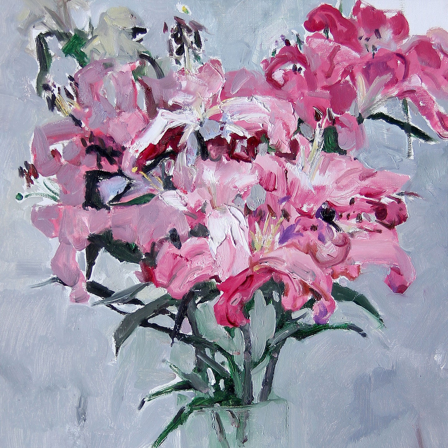 Close-up view of pink lily blossoms highlighting painterly textures, delicate petals, and expressive oil painting techniques.