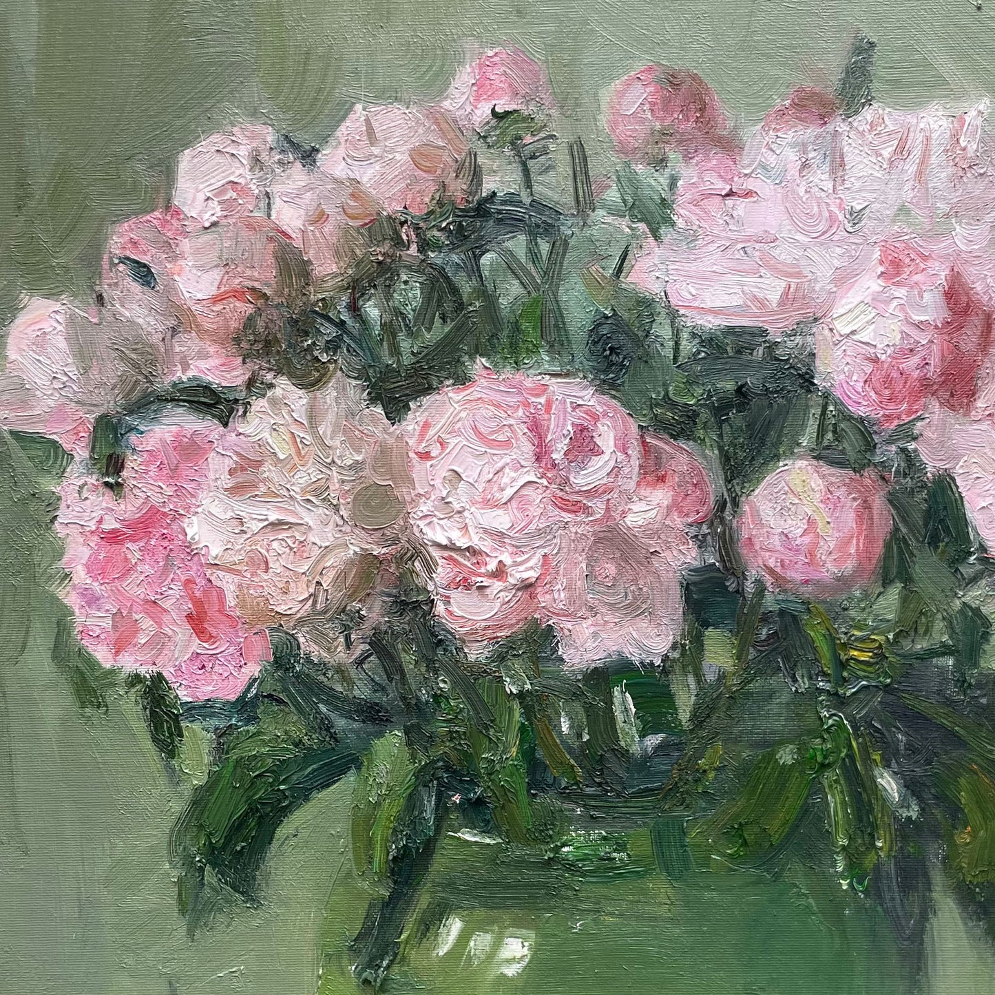 Close-up of individual pink peony blossoms highlighting texture, color depth, and expressive brushwork in the painting.