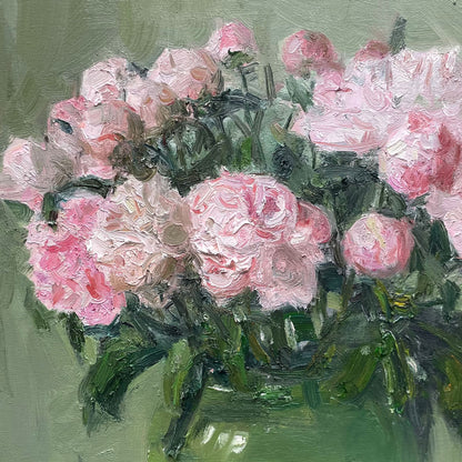 Close-up of individual pink peony blossoms highlighting texture, color depth, and expressive brushwork in the painting.