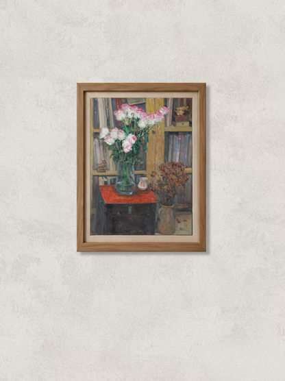 Original oil painting featuring pink roses arranged in a green glass vase beside books, ceramic vessels, and decorative objects. Painted by Hua Xi Yang with warm interior tones and rich still life details.
