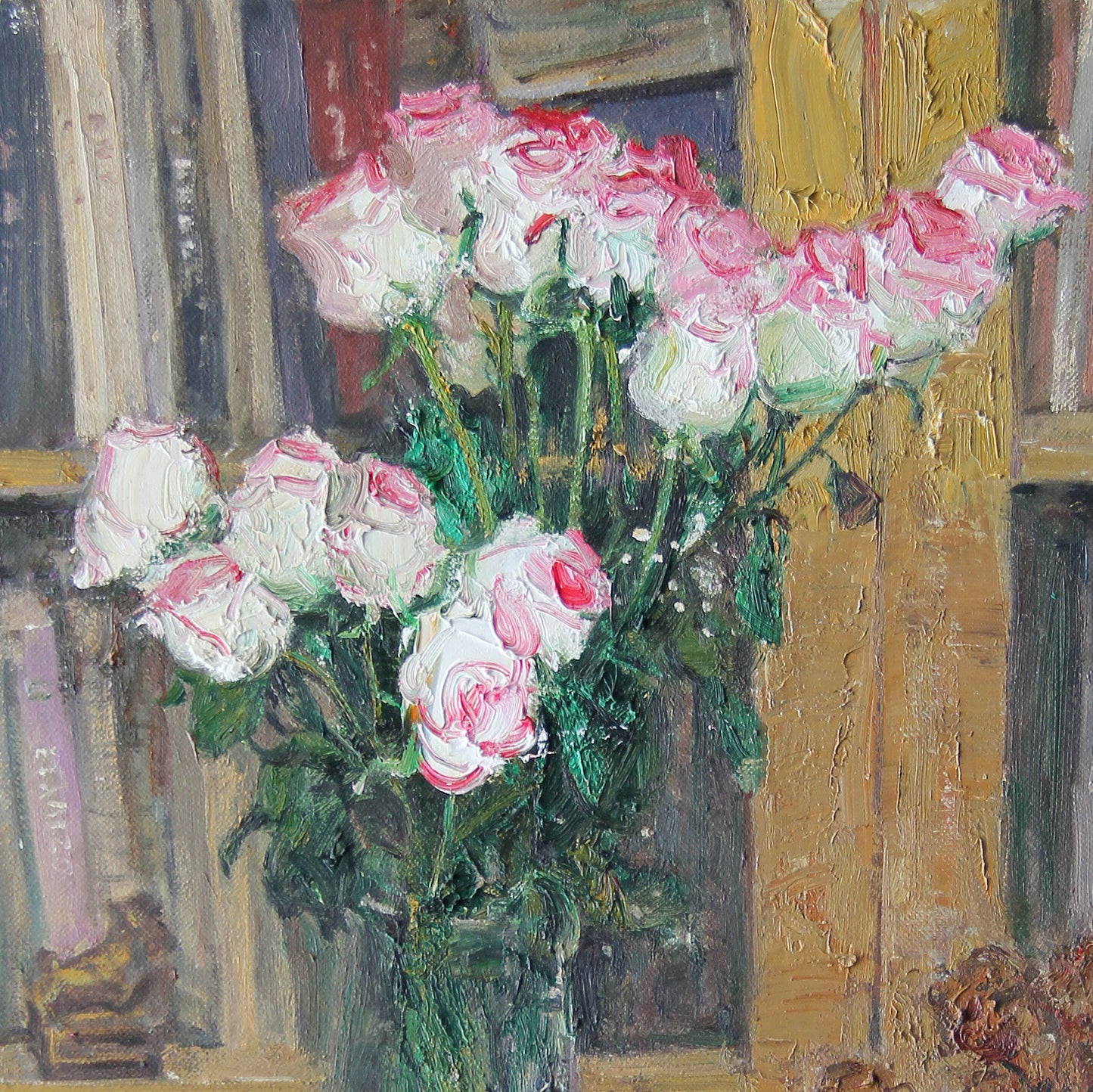 Close-up detail of pink roses arranged in a green glass vase, highlighting delicate petals, layered brushwork, and warm interior light.