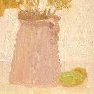 Detailed view of the pink vase and textured neutral background, revealing subtle palette knife marks, soft lighting, and painterly depth within the still life composition.