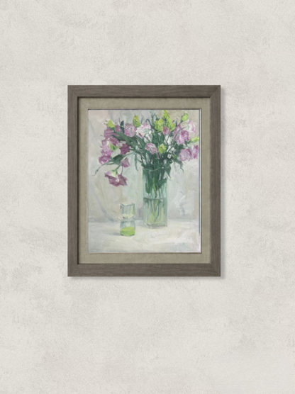 Original oil painting featuring purple sweet pea flowers arranged in a green glass vase beside a small glass vessel. Painted by Hua Xi Yang with soft light, delicate brushwork, and a contemporary floral still life aesthetic.