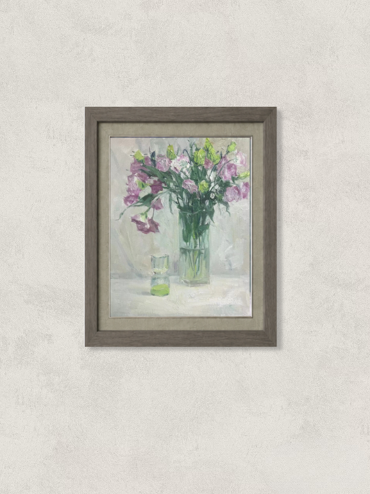 Original oil painting featuring purple sweet pea flowers arranged in a green glass vase beside a small glass vessel. Painted by Hua Xi Yang with soft light, delicate brushwork, and a contemporary floral still life aesthetic.