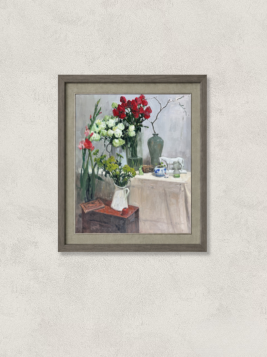 Original oil painting featuring red and white flowers arranged in a glass vase, alongside a white ceramic jar on a wooden table. Painted by Hua Xi Yang with expressive brushwork and warm interior still life composition.