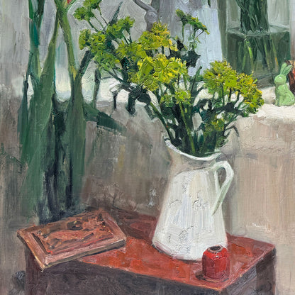 Close-up of red and white flowers arranged in a glass vase, highlighting layered petals, transparency, and delicate brushwork.