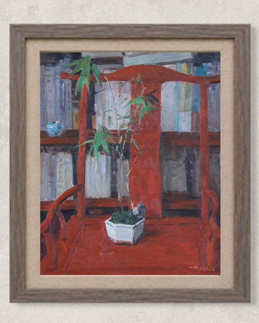 Original oil painting featuring a red wooden chair, flowers in a glass vase, and bookshelves within a warm interior setting. Painted by Hua Xi Yang with rich color contrasts and expressive brushwork.