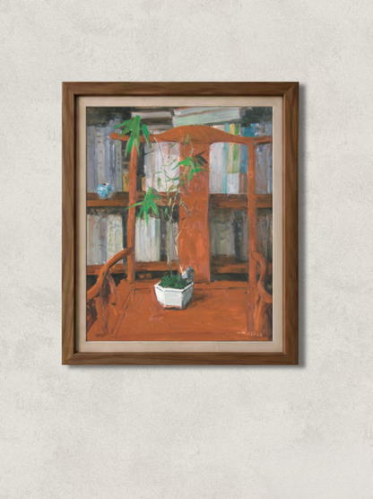 Original oil painting featuring a red wooden chair, flowers in a glass vase, and bookshelves within a warm interior setting. Painted by Hua Xi Yang with rich color contrasts and expressive brushwork.