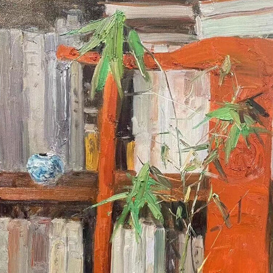 Detailed view of a red wooden chair and tabletop, emphasizing bold color relationships, structure, and the intimate character of the interior scene.