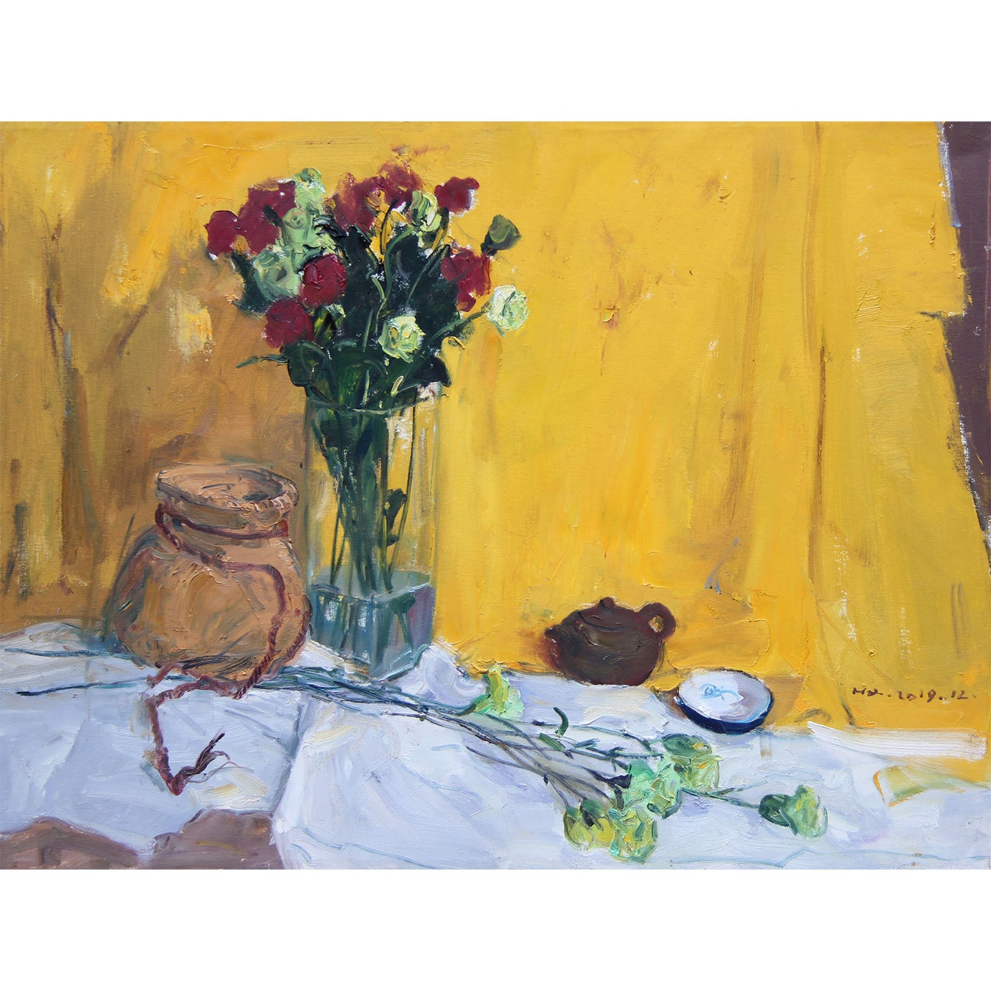 Close-up of flowers, ceramic vessels, and tabletop elements arranged within a vivid yellow setting, emphasizing color harmony and painterly texture.