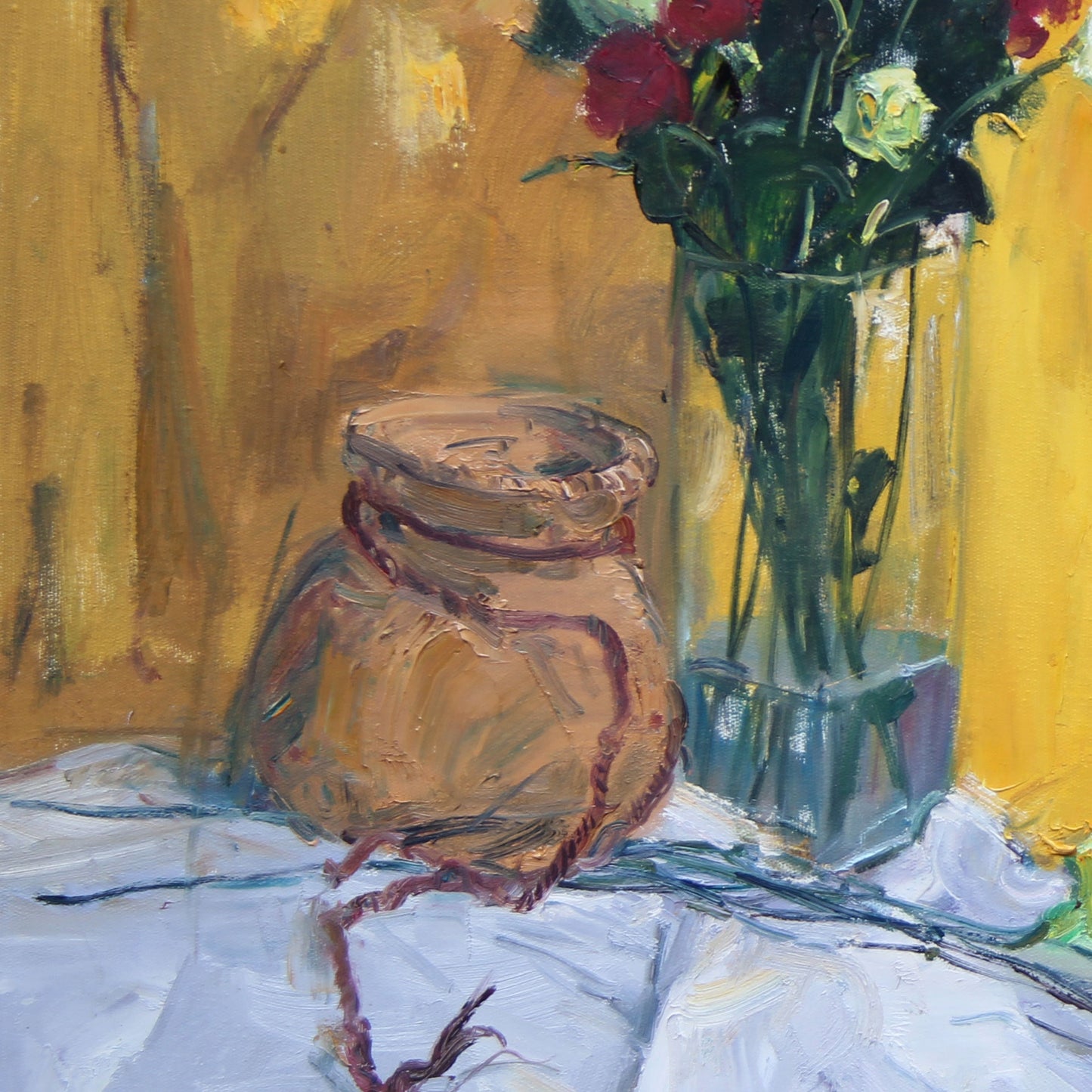 Detailed view of red flowers arranged in a glass vase beside a ceramic jar, highlighting expressive brushwork, transparency, and warm interior tones.