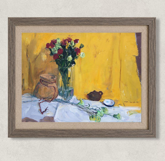 Original oil painting featuring a bouquet of red flowers arranged in a glass vase against a vibrant yellow background. Accompanied by ceramic vessels and tabletop objects, the composition combines bold color contrast with expressive still life painting.
