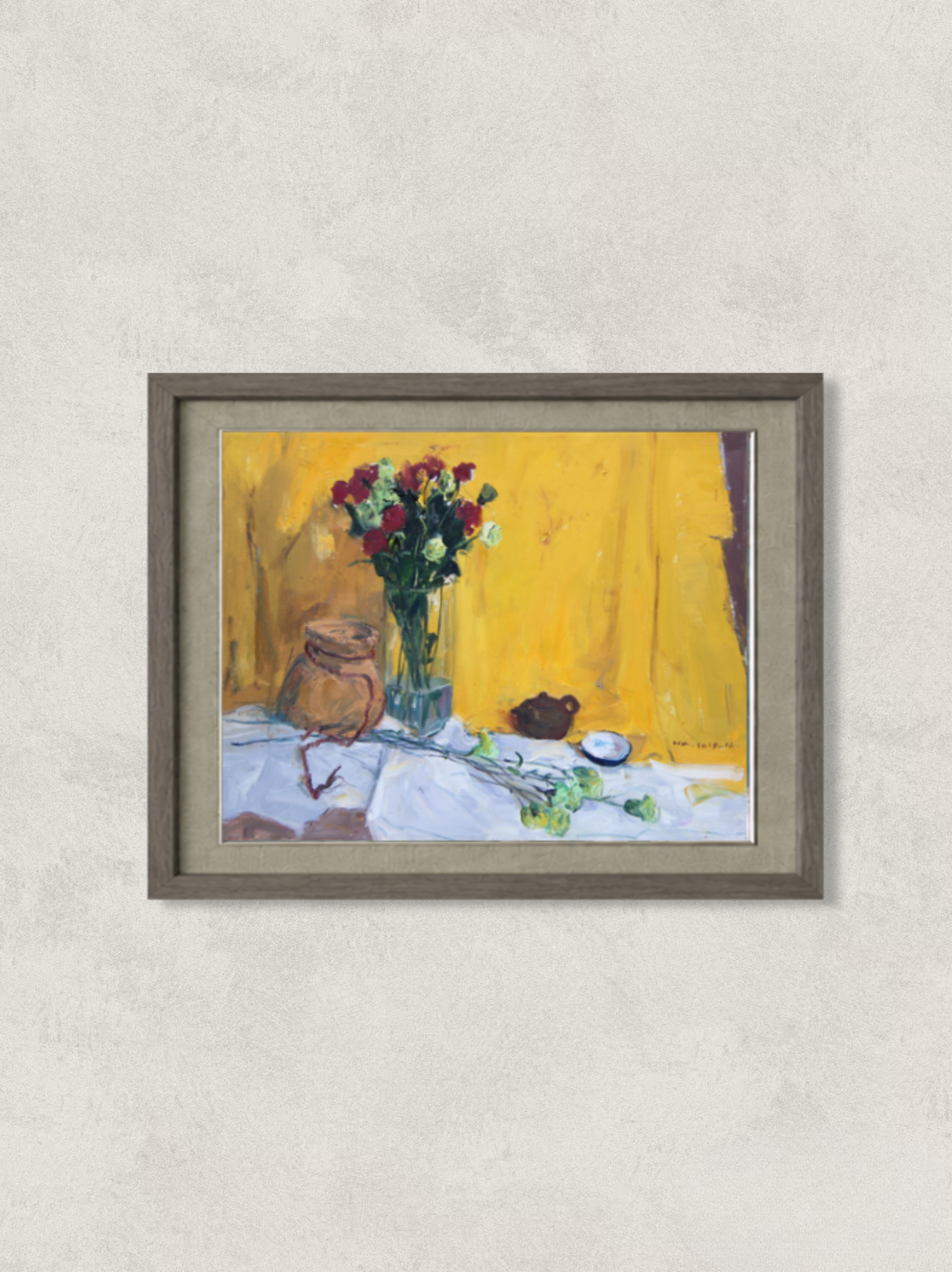 Original oil painting featuring a bouquet of red flowers arranged in a glass vase against a vibrant yellow background. Accompanied by ceramic vessels and tabletop objects, the composition combines bold color contrast with expressive still life painting.
