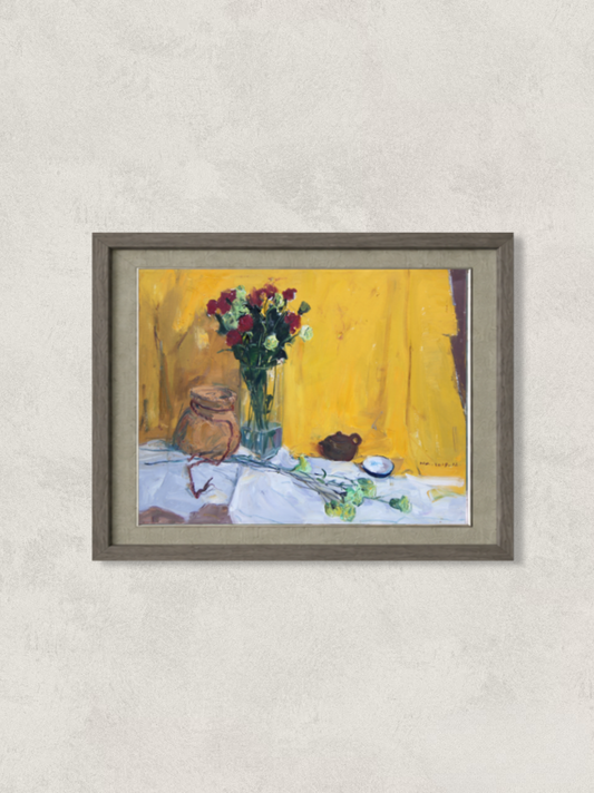 Original oil painting featuring a bouquet of red flowers arranged in a glass vase against a vibrant yellow background. Accompanied by ceramic vessels and tabletop objects, the composition combines bold color contrast with expressive still life painting.
