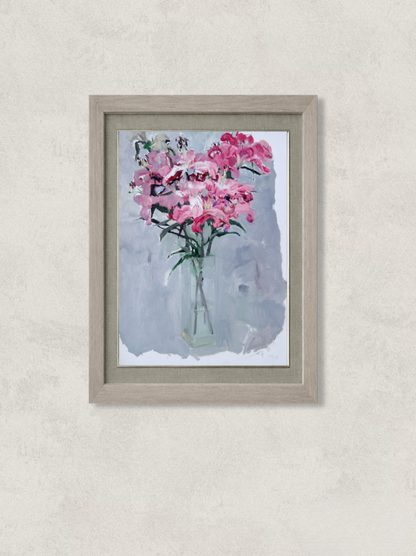 Original floral oil painting featuring red lilies arranged in a square glass vase. Painted by Hua Xi Yang with expressive brushwork and soft grey background tones.