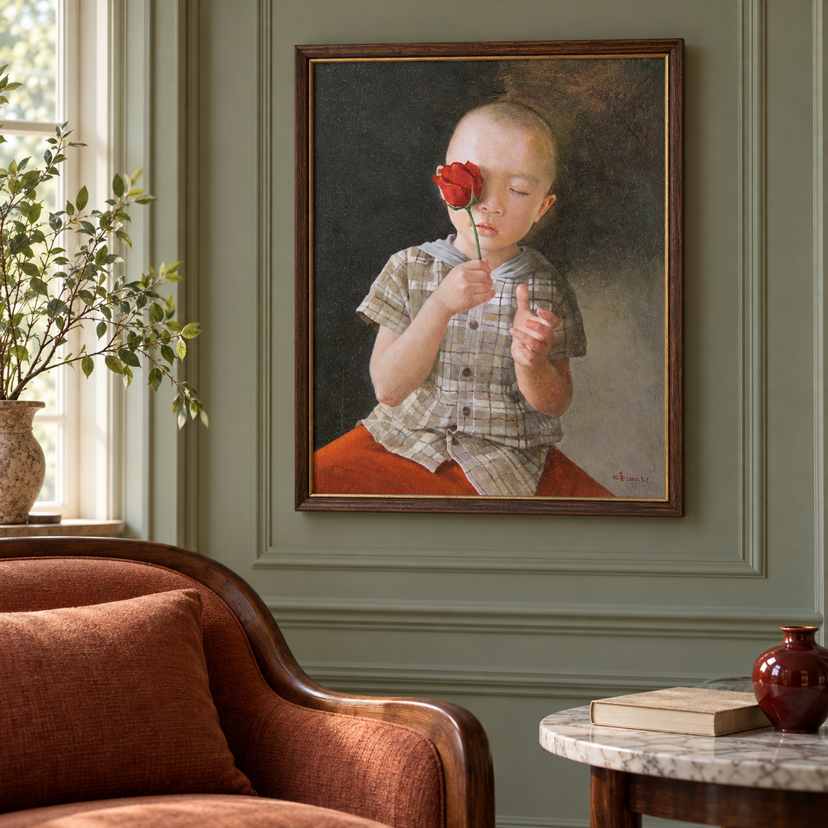 Boy with a Red Rose – Original Figurative Oil Painting by Yang Huaxi