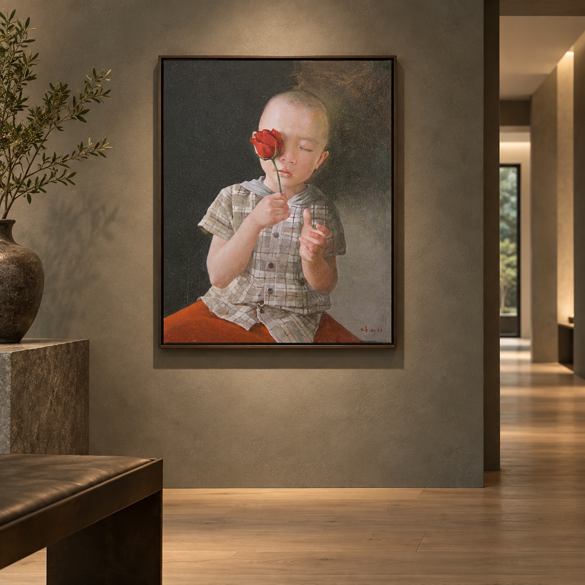 Boy with a Red Rose – Original Figurative Oil Painting by Yang Huaxi