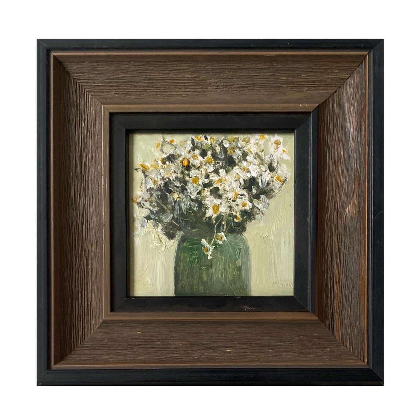 Original daisy oil painting featuring white blossoms in a green vase, presented in a deep walnut wood gallery frame with warm classical character.
