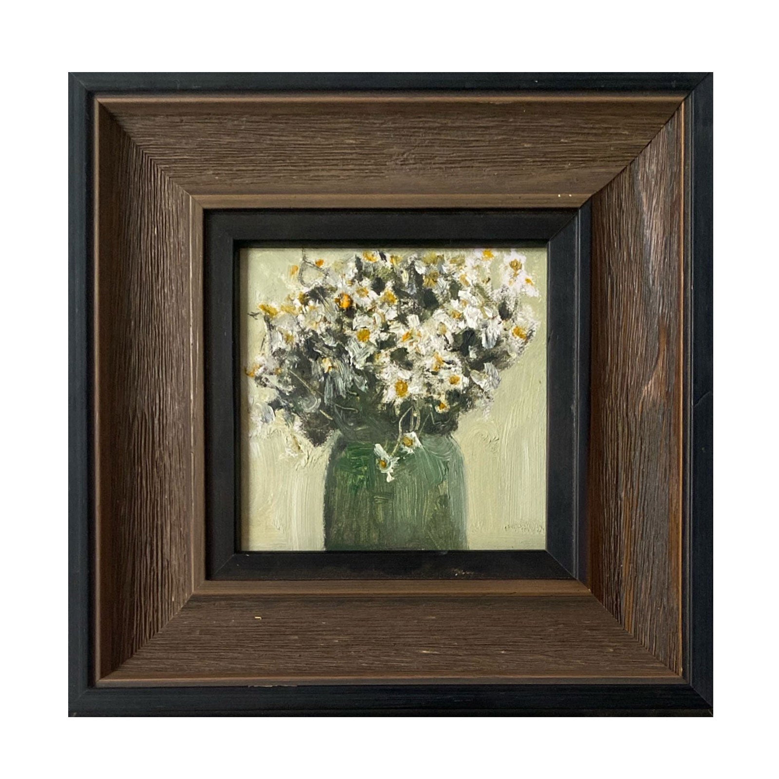 Original daisy oil painting featuring white blossoms in a green vase, presented in a deep walnut wood gallery frame with warm classical character.