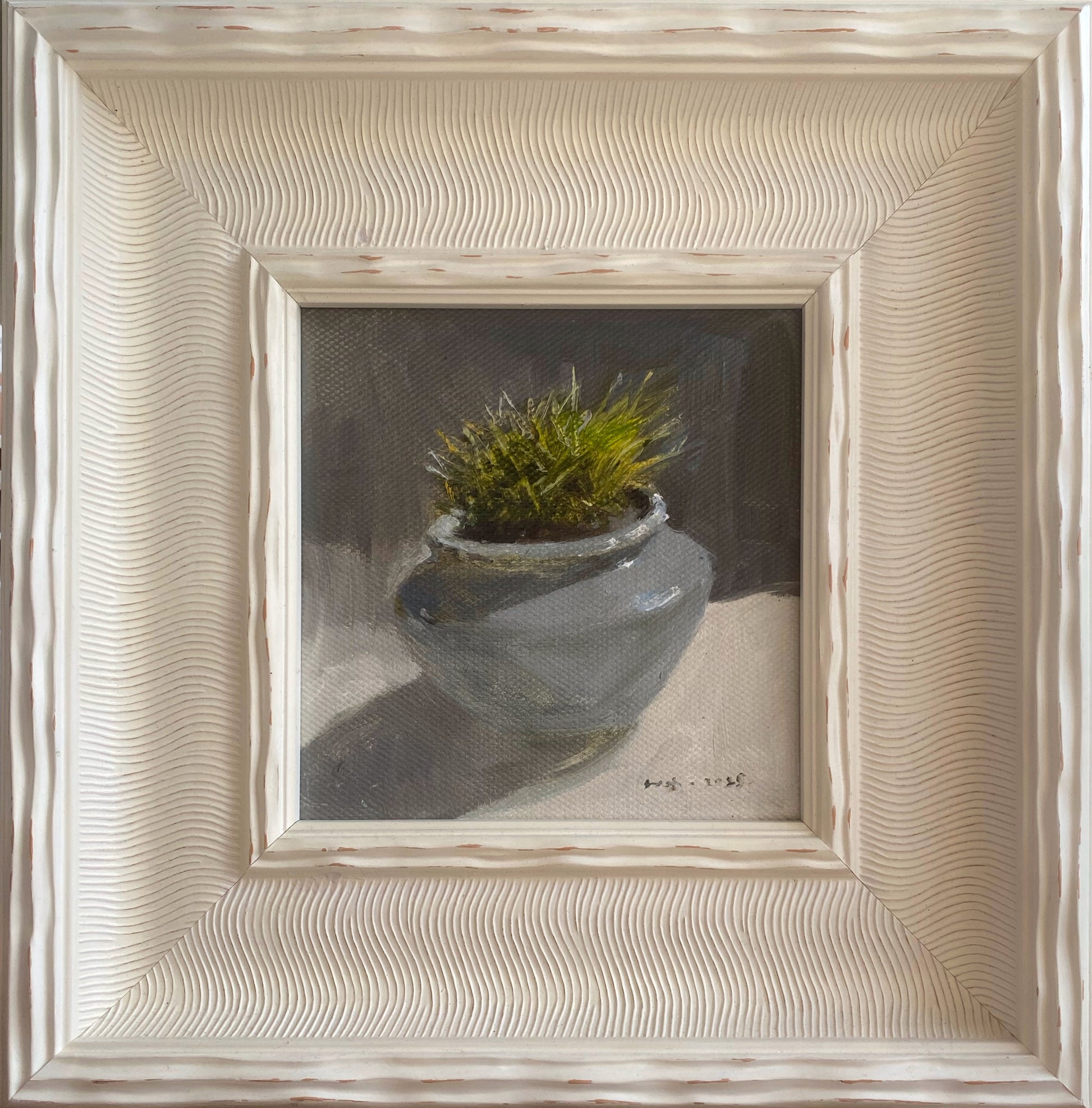 A small original oil painting featuring a green succulent plant resting inside a soft gray ceramic pot. Painted with layered brushwork and muted earthy tones, the artwork creates a quiet and contemplative atmosphere suited for minimalist interiors.