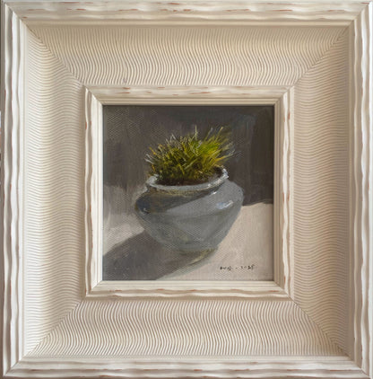 A small original oil painting featuring a green succulent plant resting inside a soft gray ceramic pot. Painted with layered brushwork and muted earthy tones, the artwork creates a quiet and contemplative atmosphere suited for minimalist interiors.
