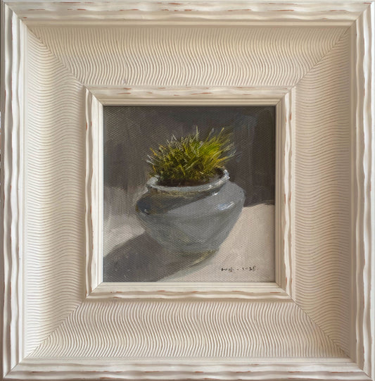 A small original oil painting featuring a green succulent plant resting inside a soft gray ceramic pot. Painted with layered brushwork and muted earthy tones, the artwork creates a quiet and contemplative atmosphere suited for minimalist interiors.