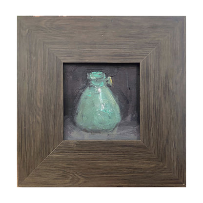 Original oil painting of a green glass vase set against a dark background, framed in a textured rustic wooden frame. The muted palette and layered brushwork create a quiet, contemplative atmosphere.