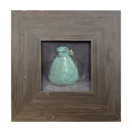 Original oil painting of a green glass vase set against a dark background, framed in a textured rustic wooden frame. The muted palette and layered brushwork create a quiet, contemplative atmosphere.