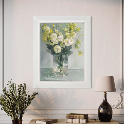 Framed white floral oil painting displayed in an elegant interior with dark sculptural decor and warm ambient tones.