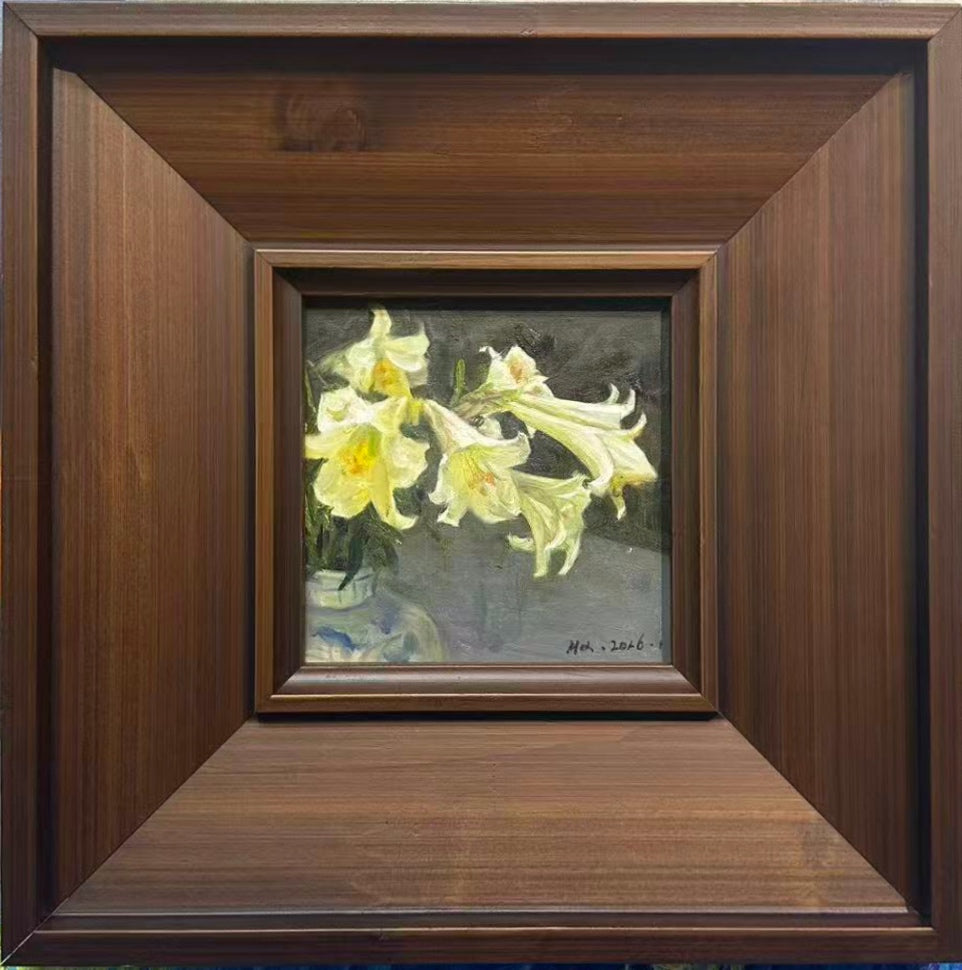 Small square floral oil painting presented in a handcrafted walnut gallery frame with deep perspective and refined classical proportions.