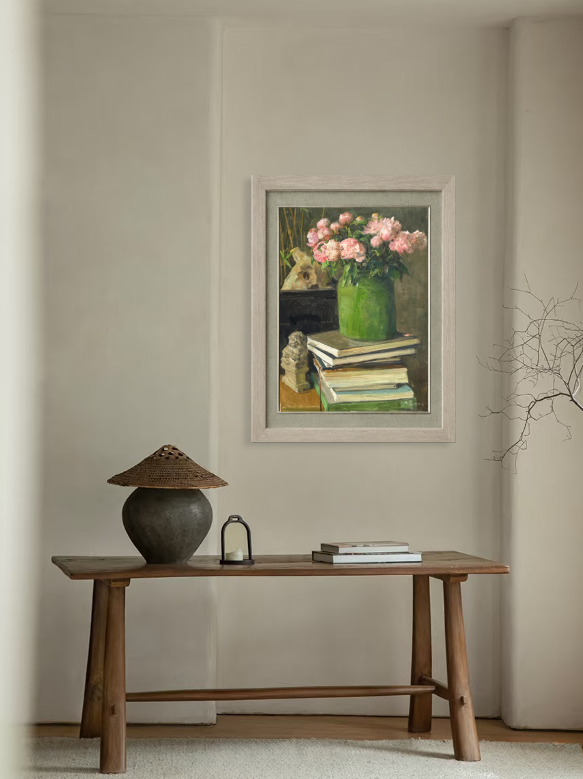 Original still life oil painting hung in an entryway, complementing minimalist decor with balanced composition and subtle light.