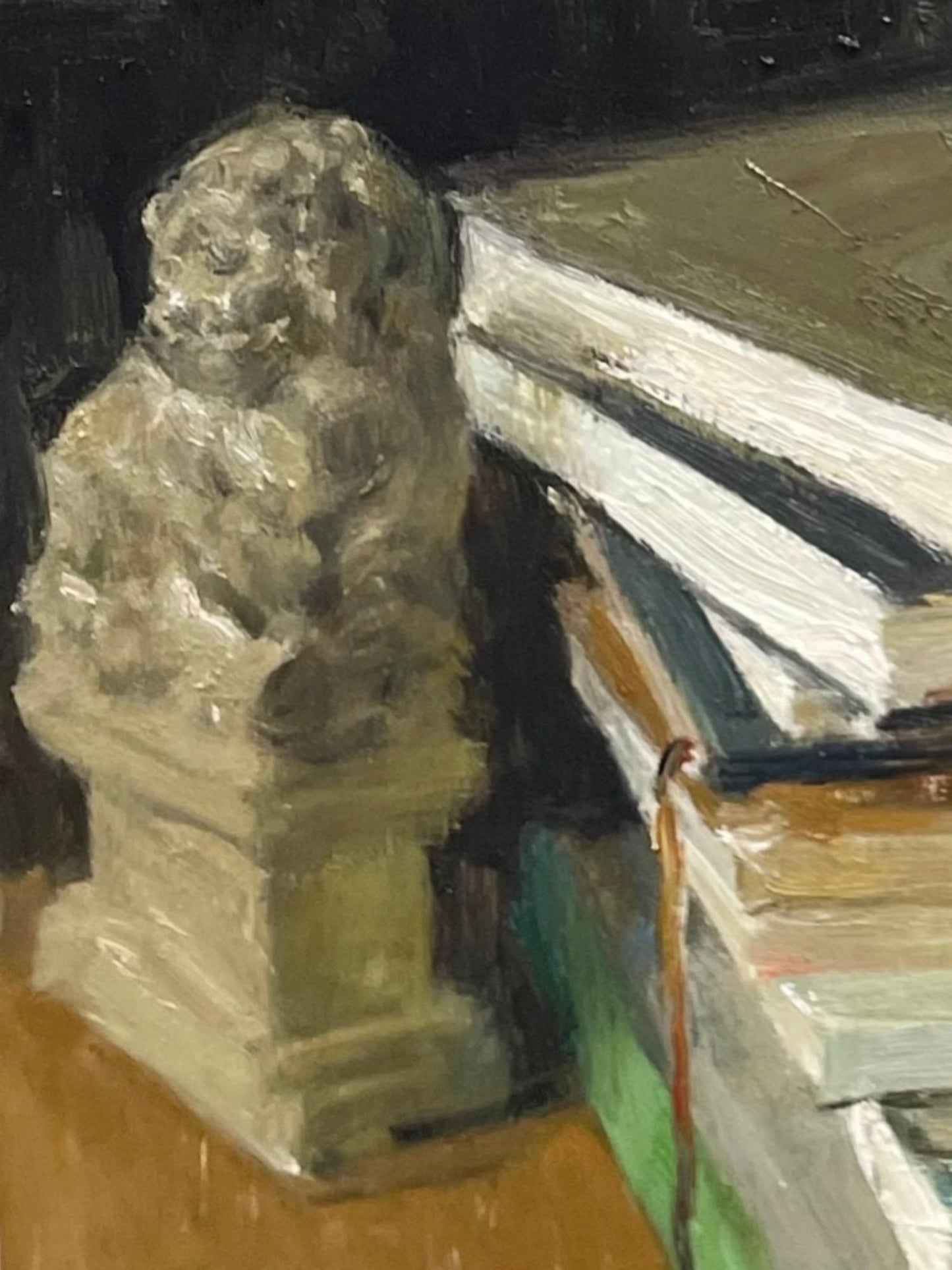 Close view of pink roses and books in the painting, showcasing material, light, and time captured in the artwork.