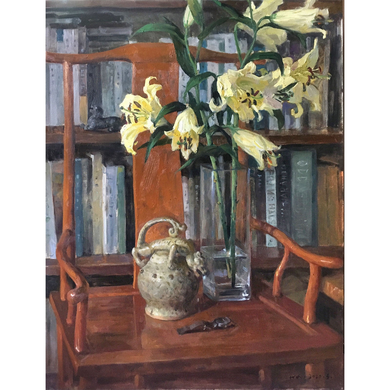 Close-up view of lilies, books, ceramic vessel, and wooden chair, revealing the painting’s warm interior atmosphere and balanced composition.