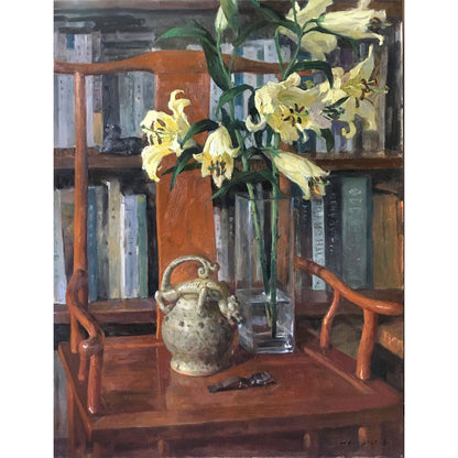 Close-up view of lilies, books, ceramic vessel, and wooden chair, revealing the painting’s warm interior atmosphere and balanced composition.
